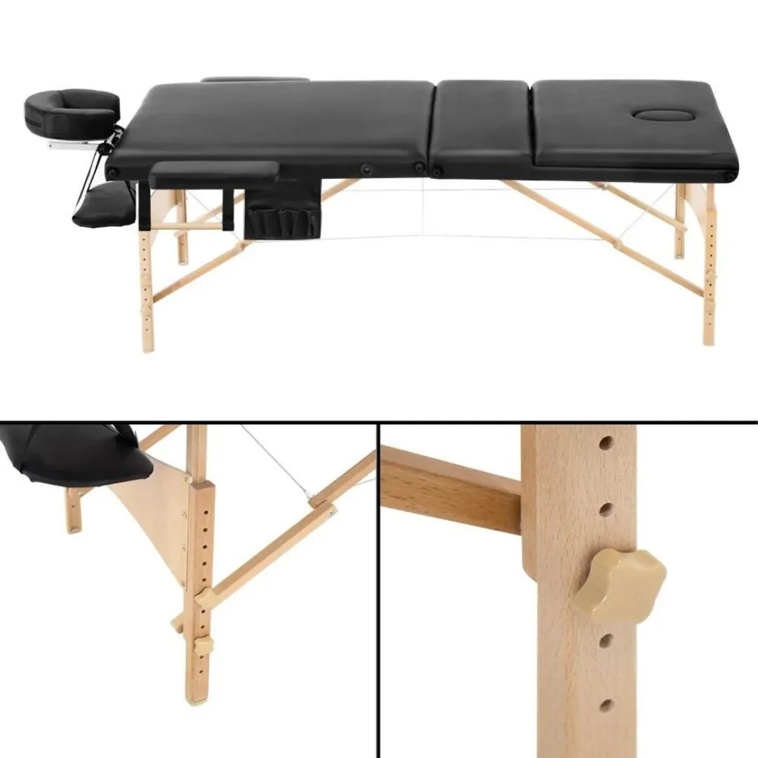 70cm Black Extra Plus 3 Fold Massage Table with Wood Legs + Deluxe Carry Bag